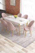 Resim Canisa Elf Serisi 80x132 Beyaz Masa Doğal Ahşap Ayak Beyaz Kafesli 6 Pembe Sandalye Gold Halkalı 