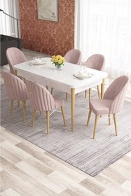 Resim Canisa Elf Serisi 80x132 Beyaz Masa Doğal Ahşap Ayak Beyaz Kafesli 6 Pembe Sandalye Gold Halkalı 