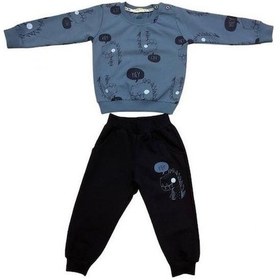 Resim Erkek Bebek Dinazor Baskılı Pamuklu Eşofman Takım-15176 İndigo 