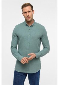 Resim Süvari Haki Slim Armürlü Düğmeli Yaka Gömlek Haki 