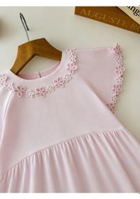Resim Magu Kız Çocuk Pamuklu Pembe Çiçek Güpür Detaylı Elbise 