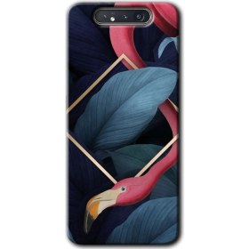 Resim Bera Aksesuar Samsung Galaxy A80 Kılıf Hd Desen Baskılı Arka Kapak + Temperli Cam - Flamingo Yaprak 