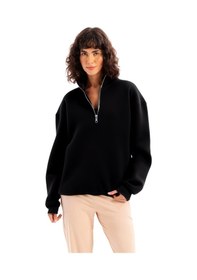 Resim Justever Oversize Fit Dik Yaka Yarı Fermuarlı Şardonlu Siyah Kadın Sweatshirt - Cass Siyah 