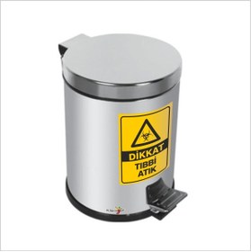 Resim Genel Markalar Pedallı Kovalı Saplı Kapaklı 3lt. Paslanmaz Çelik Krom Tıbbi Atık Logolu Yazı Çöp Kutusu Kovası Kabı 