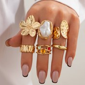 Resim Partiler ve arkadaşlar için hediye olarak uygun moda ve çiçek desenli taşlı yüzüklerin 6'lı seti, metal geometrik düzensiz açılış halka setleri 