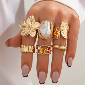 Resim Partiler ve arkadaşlar için hediye olarak uygun moda ve çiçek desenli taşlı yüzüklerin 6'lı seti, metal geometrik düzensiz açılış halka setleri 