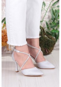 Resim Fort 35693 Saten Çapraz Bantlı Biye Taşlı Topuklu Abiye Ayakkabı Kadın Ayakkabı Gümüş 