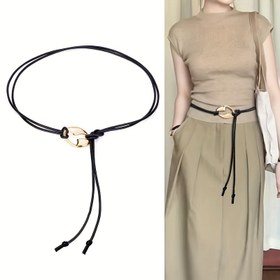 Resim Retro İnce Bel Kemeri - Altın Tonlu Alaşımlı Toka, Günlük, Resmi & Plaj Kıyafetleri için Çok Yönlü, Standart Boy 
