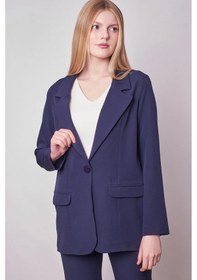 Resim Kadın Yakalı Cep Kapaklı Uzun Kol Hafif Likralı Kumaş Oversize Blazer Ceket Pantolonu Jument 40075 -lacivert Lacivert 