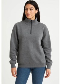 Resim Kadın Üç İplik Dık Yaka Yarım Fermuarlı Sweatshirt - Antrasit Çok Renkli 