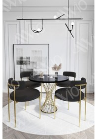 Resim Avvio Pienna Mat Gold Teddy Sandalye 90x90 Yuvarlak Yemek Masası Mutfak Masası Masa Sandalye Takımı Siyah Mermer 