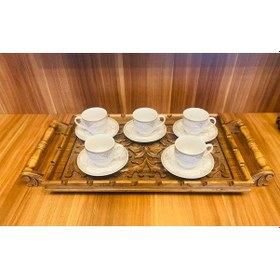 Resim Çay Kahve Sunum Tepsisi Ceviz İşleme 