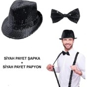 Resim Siyah Payetli Şapka ve Papyon Seti – Parıltılı Yetişkin Kostüm Seti 