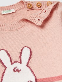 Resim United Colors of Benetton Bebek Toz Pembe Çizgili Tavşan İşlemeli Düğme Detaylı Bisiklet Yaka Kazak 