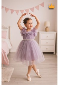 Resim Babyhola 2-8 Yaş Gül Yakalı Grenli Kabarık Tül Kız Bebek Çocuk Abiye Elbise Bayramlık Gelinlik 3502 Lila 