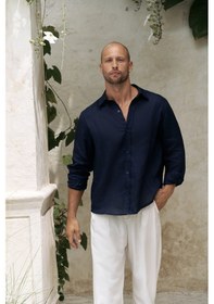 Resim Mai Collection Mai Studios Co. Bice Lacivert Keten Oversize Erkek Gömlek Lacivert 