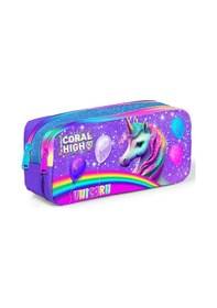 Resim Coral High Kids Mor Pembe Simli Unicorn Desenli İki Bölmeli Kalem Çantası 12073 