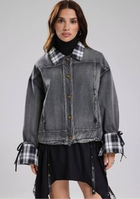 Resim tw3 Kadın Ekose Kumaş Detaylı Oversıze Tasarım Denim Ceket 