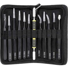 Resim Yaleker 12'li Antistatik Manyetik Olmayan Paslanmaz Çelik Pinçer Takımı Depolama Çantası İçerir 