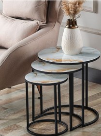 Resim 3 Lü C Zigon Sehpa Sarı Mermer Temperli Cam Siyah Ayak 