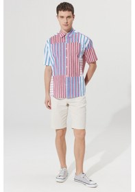 Resim AC&Co / Altınyıldız Classics Erkek Beyaz Renklı Oversize Bol Kesim Gizli Düğme Yaka %100 Pamuk Baskılı Gömlek Beyaz 