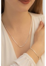 Resim Kadın Gümüş Kolye Bileklik Set - 925 Ayar Küp Zincir Gümüş Set 