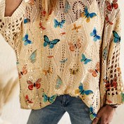 Resim Kadınların Zarif Kelebek Baskılı Örgü Hırka - Yuvarlak Yaka, Uzun Kollu, Hafif Dantel Detaylı Tasarım Bahar/Yaz/Sonbahar İçin, Tatil, Günlük ve İş İçin Mükemmel, Kelebek Baskılı Üst 