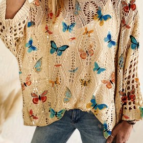Resim Kadınların Zarif Kelebek Baskılı Örgü Hırka - Yuvarlak Yaka, Uzun Kollu, Hafif Dantel Detaylı Tasarım Bahar/Yaz/Sonbahar İçin, Tatil, Günlük ve İş İçin Mükemmel, Kelebek Baskılı Üst 