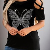 Resim Kadınların şık omuzları açık taşlı kelebek yuvarlak yaka tişörtü, %95 polyester %5 elastan örgü, tüm mevsimler için 180g/m² ağırlığı olan üst 
