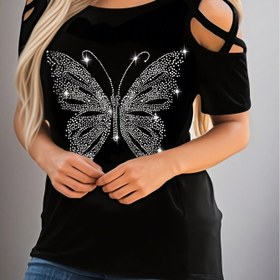 Resim Kadınların şık omuzları açık taşlı kelebek yuvarlak yaka tişörtü, %95 polyester %5 elastan örgü, tüm mevsimler için 180g/m² ağırlığı olan üst 