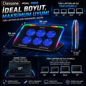 Resim Classone Gaming M60 Laptop Soğutucu , Notebook Stand,10 Rgb Işık Kontrolü, 15.6 -17 Inch , Hız Kontrolü , 6 Büyük Fan ,telefon Standı, 2 USB 