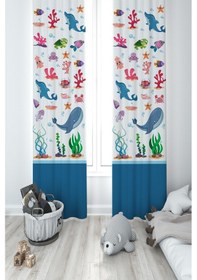Resim Mekta Home Bebek Ve Çocuk Odası Sevimli Deniz Hayvanları Desenli 2 Kanat Fon Perde 