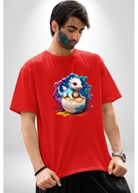 Resim Sevimli Bebek Ejderha Elmas Yumurta Pamuklu Bisiklet Yaka Unisex Oversize Boyfriend Dijital Baskılı Kırmızı T-shirt Kırmızı 