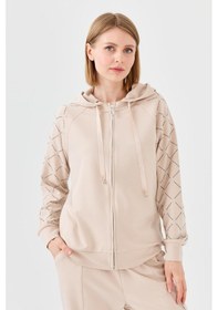 Resim Desen Triko Kadın Triko Taş Baskılı Kapüşonlu Yazlık Sweatshirt Bej Bej 