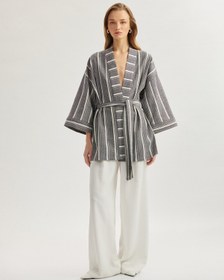 Resim Koton Pamuklu Rahat Kalıp Kemerli 3/4 Geniş Kol Uzun Kimono Lacivert Çizgili 5sak50014ew 7s2 