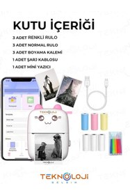 Resim Genel Markalar Cep Yazıcı Taşınabilir Bluetooth Kablosuz Şarjlı 6 Rulo 3 Kalem Seti Hediye Pembe Yazıcı 