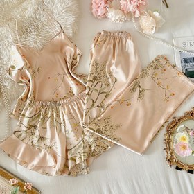 Resim Gençlik için 3 parça pijama takımı: Rahat kolsuz uzun pantolon ve şort, çiçek desenli, rahat ve konforlu 