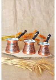 Resim Bakır Cezve Seti Sedef Kulplu Oyma Nakış İşleme Bakır Renk (3-5-7 Kişilik) 