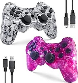 Resim Tuozhe PS3 Controller Wireless, High Performance Controller with Upgraded Joystick for PlayStation 3, 2 USB Charging Cords (Purple Star and White Skull) 