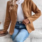 Resim Kadınların Şık Yuvarlak Yaka Düz Uzun Kollu Hırka ile Kısa Fermuarlı Ceket. 