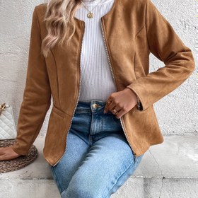 Resim Kadınların Şık Yuvarlak Yaka Düz Uzun Kollu Hırka ile Kısa Fermuarlı Ceket. 