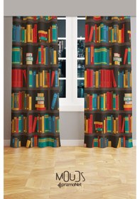 Resim Kitaplık Desenli Süet Oturma Odası Salon Fon Perde Baskılı Ekstrafor Büzgü 2 Kanat Prd-1098 Çok Renkli 