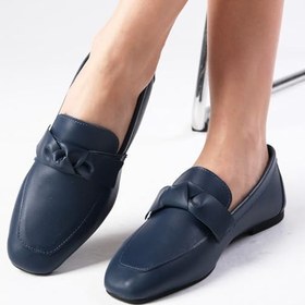Resim Mio Gusto Candy Hakiki Deri Lacivert Renk Fiyonk Aksesuarlı Küt Burunlu Kadın Loafer Ayakkabı 