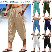 Resim Gri Erkek Pamuk Keten Şort 3/4 Gevşek Fit Bermuda Pantolon Kısa Yaz Uzun Rahat Gri 