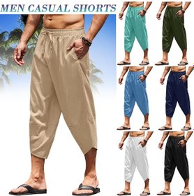 Resim Gri Erkek Pamuk Keten Şort 3/4 Gevşek Fit Bermuda Pantolon Kısa Yaz Uzun Rahat Gri 