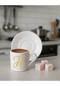 Resim Türk Kahvesi Fincanı Harf, Espresso Fincanı Harf Beyaz - Altın16 