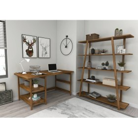 Resim Softcity Doğal Ahşap Çalışma Masası Kitaplık Takım Ceviz Renk 