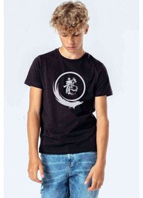 Resim Silhouette Dragon Logo Baskılı Unisex Çocuk Siyah Tshirt 