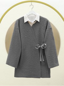 Resim MODAQU Yandan Bağlamalı Buklet Kumaş Kimono -Füme 