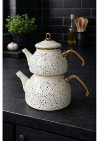 Resim Emaye Çaydanlık Takımı 2,3 L Suluk + 1,1 L Demlik Gold Detaylı Bej - Mavi 